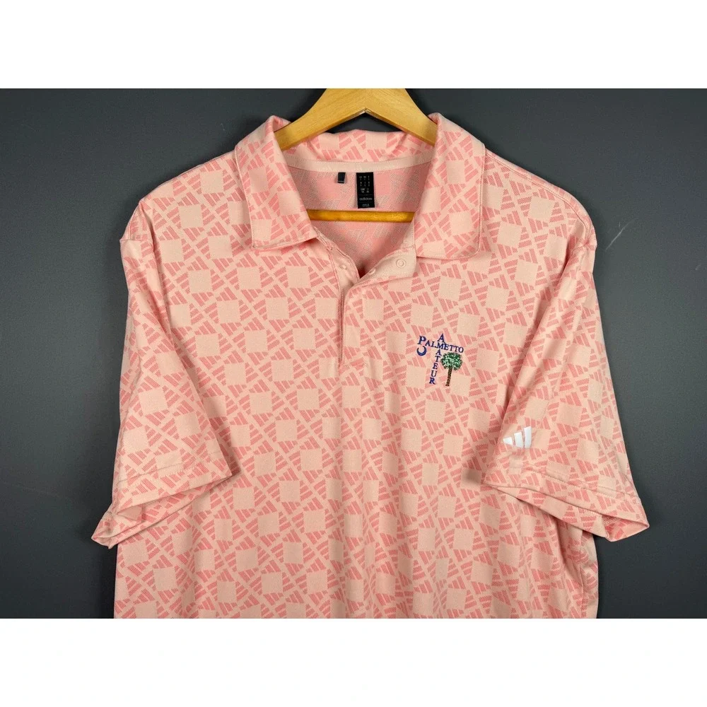 Adidas Mens Large Pink Palmetto Amateur Golf Polo Shirt Geometric Print Logo